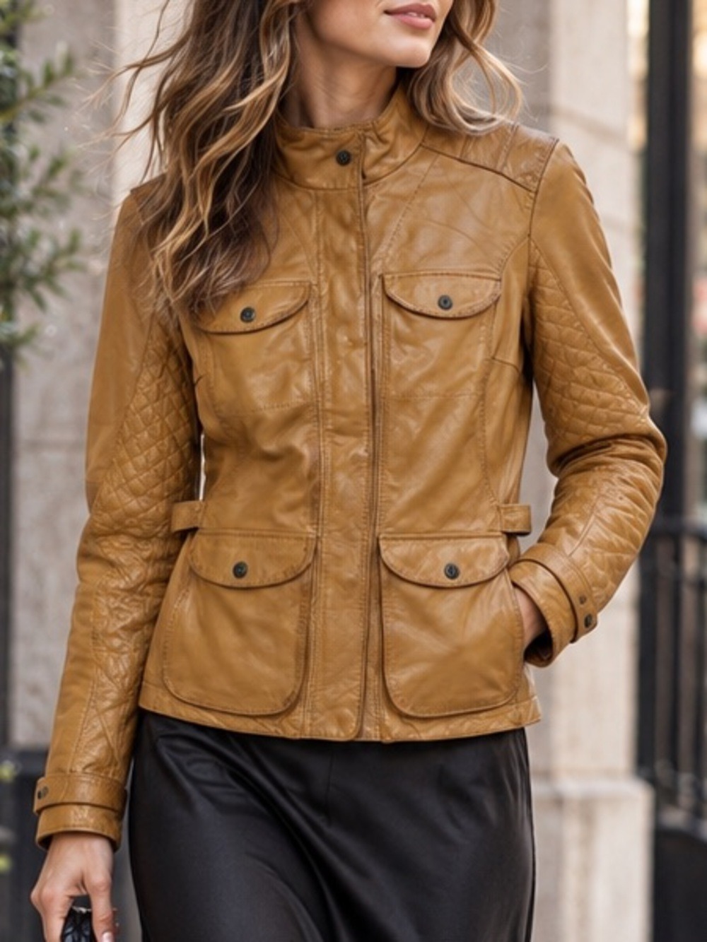 Eddie Bauer Women's Cognac Tan Quilted Utility Moto Leather Jacket L